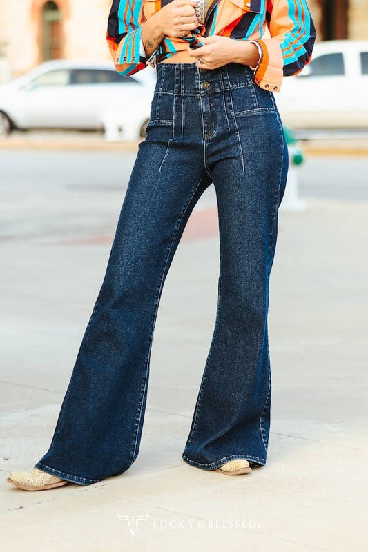 Lucky & Blessed Dark Wash Tummy Control High Rise Flare Jeans