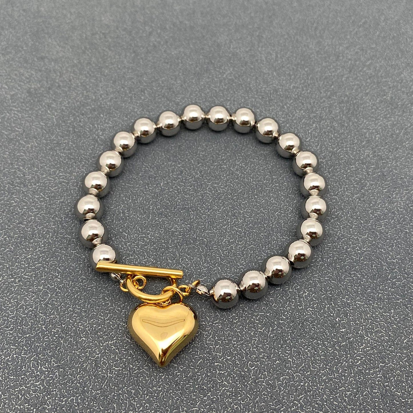 Heart Charm Steel Color Beaded Bracelet
