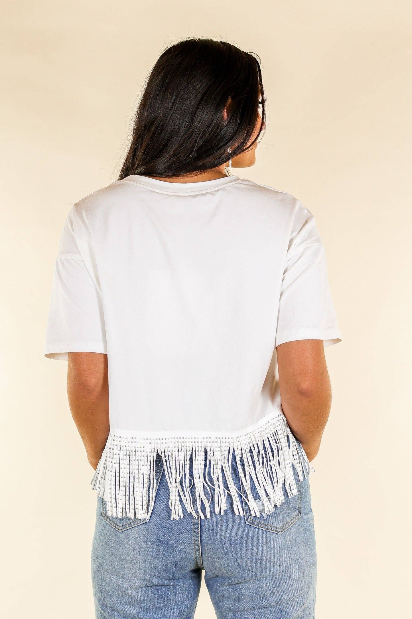 Studded Fringe Crop Top - White