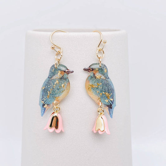 Resin Bird Charm Dangle Earrings - Pink