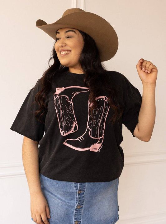 Pink Western Boots on Black Crewneck T-Shirt