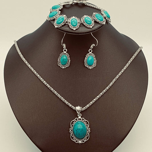 Artificial Turquoise Bracelet Necklace Earring Set