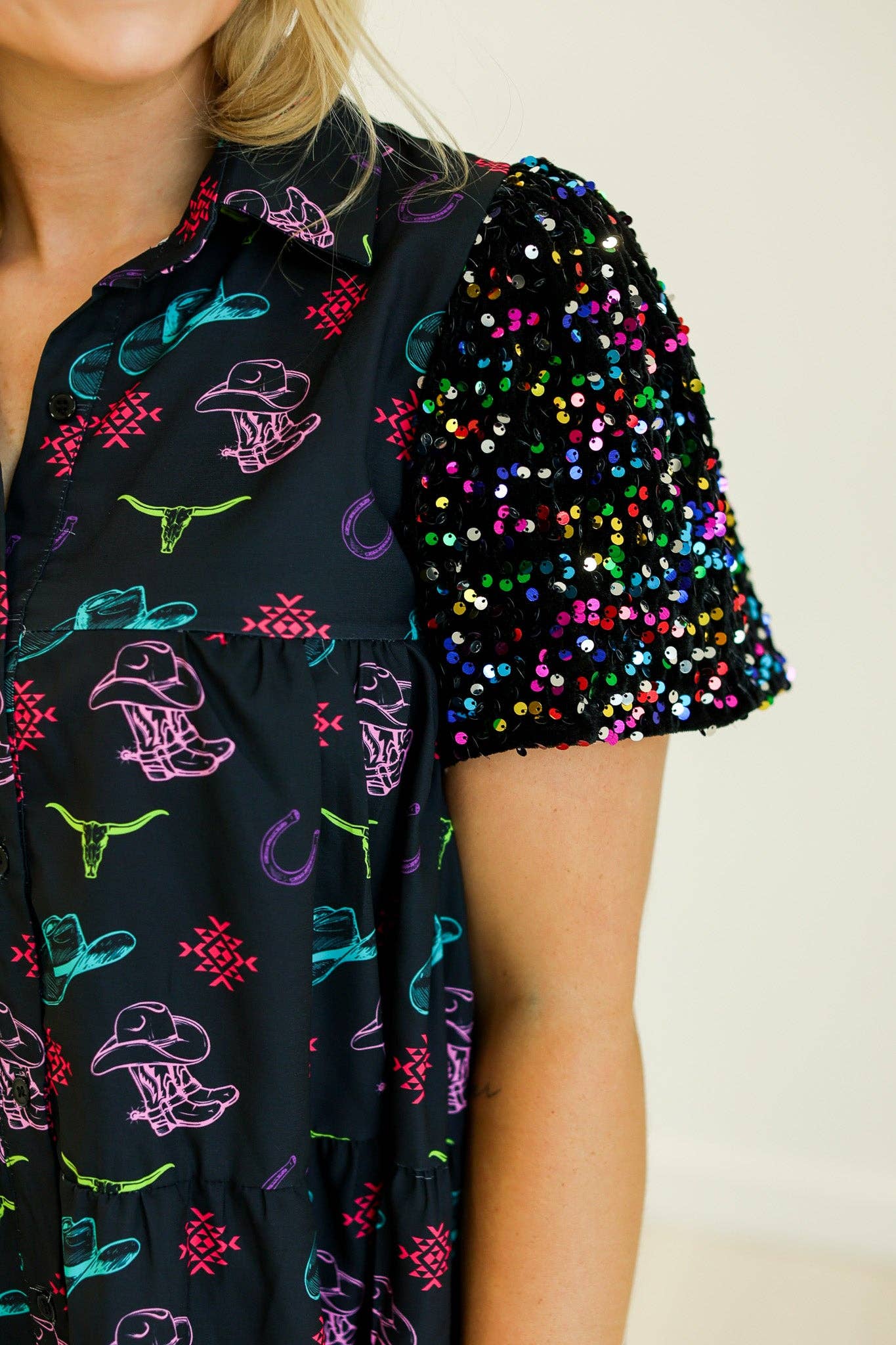 Western Print Shirt Dress: Black