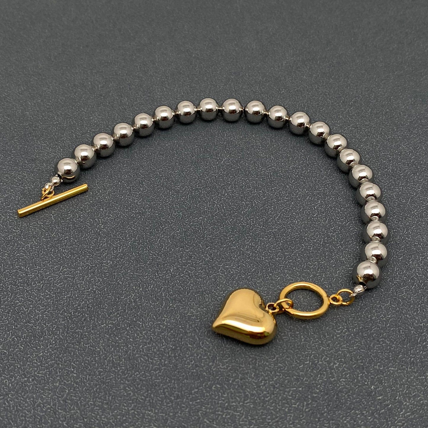 Heart Charm Steel Color Beaded Bracelet