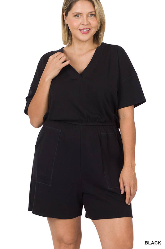 V Neck Romper With Pockets - Black