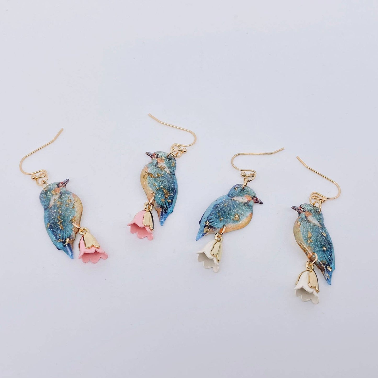 Resin Bird Charm Dangle Earrings - White