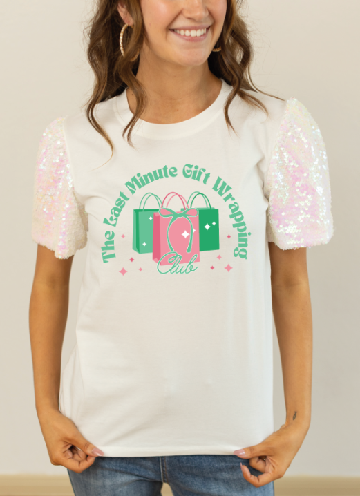Last Minute Gift Wrapping Social Club on Sequins Puff Sleeve Top